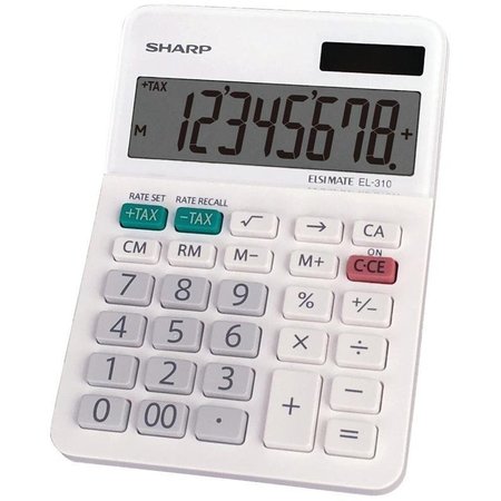 SHARP Mini Desktop Calculator, Battery, 8 Display, LCD Display, White EL310WB